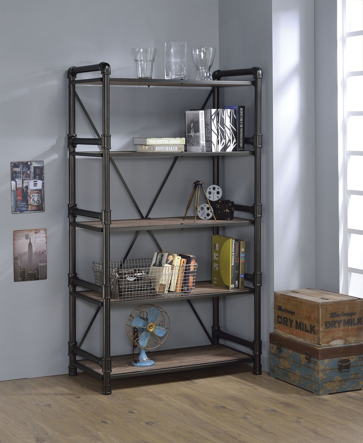 Rustic Oak And Black Particle Board Bookshelf