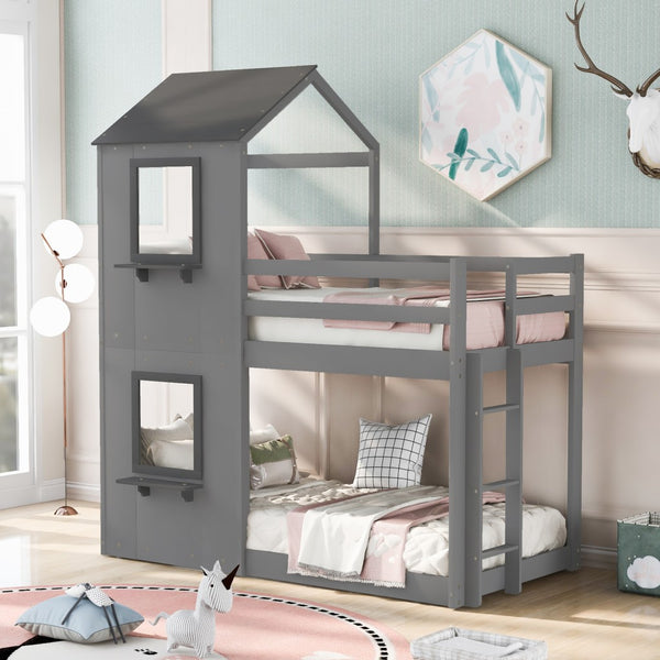 Gray Twin Over Twin House Bunk Bed with Windows and Roof.