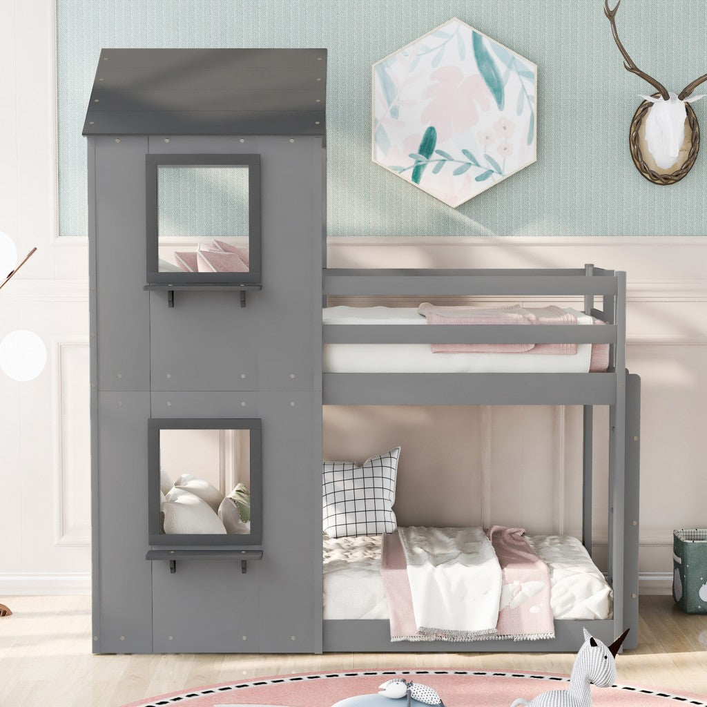 Gray Twin Over Twin House Bunk Bed with Windows and Roof.