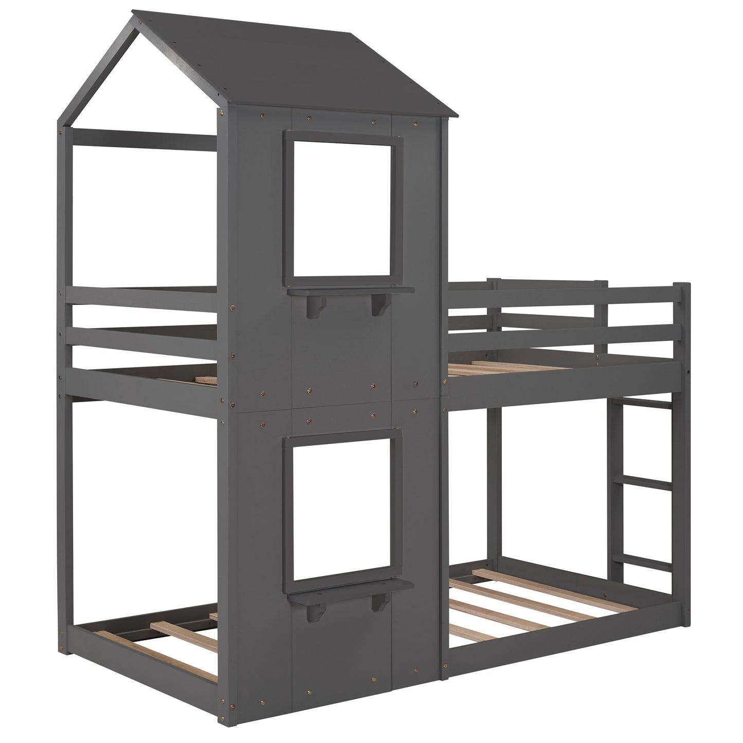 Gray Twin Over Twin House Bunk Bed with Windows and Roof.