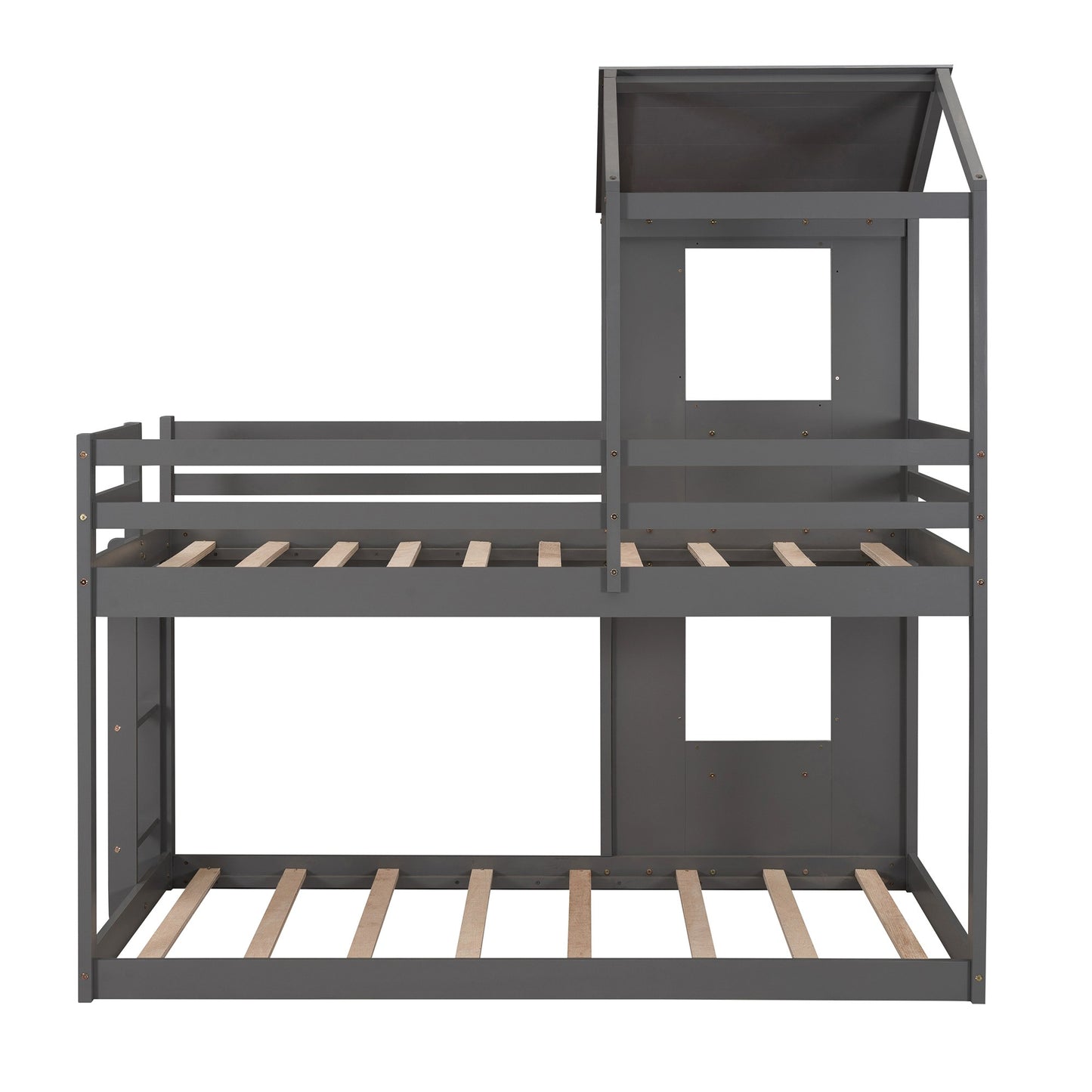 Gray Twin Over Twin House Bunk Bed with Windows and Roof.