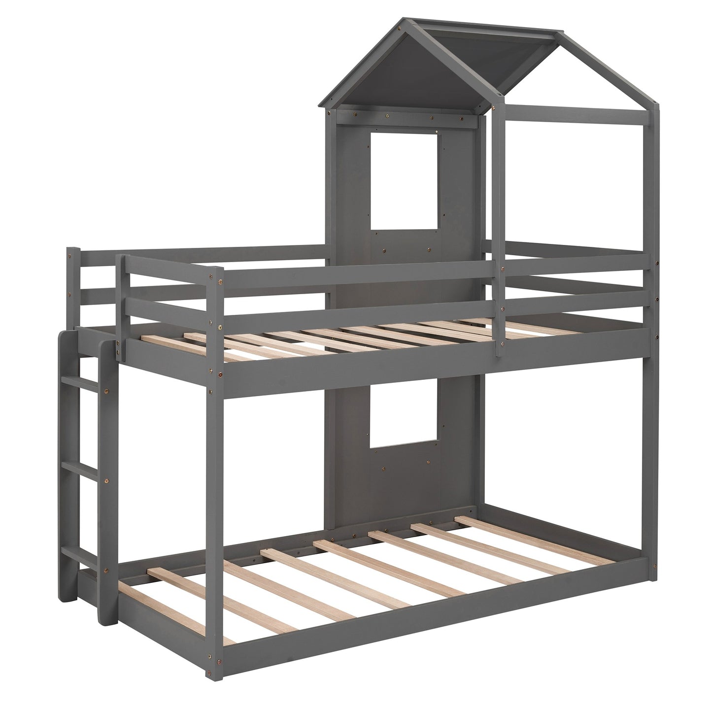 Gray Twin Over Twin House Bunk Bed with Windows and Roof.