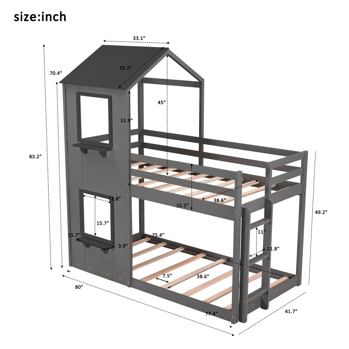 Gray Twin Over Twin House Bunk Bed with Windows and Roof.