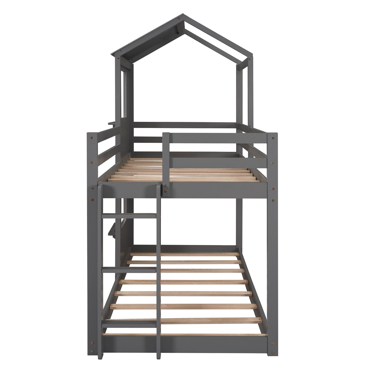 Gray Twin Over Twin House Bunk Bed with Windows and Roof.