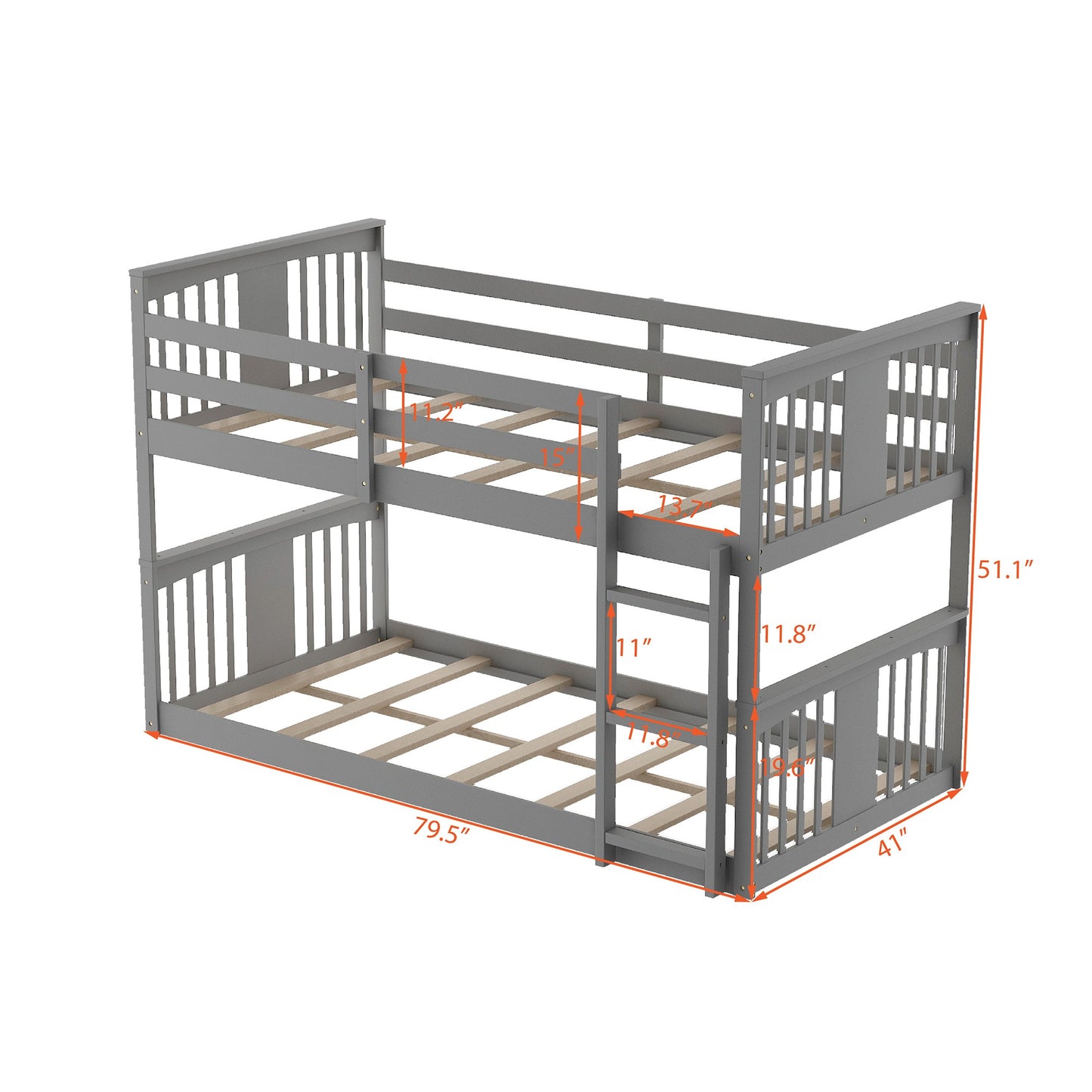 Gray Classic Twin Over Twin Bunk Bed with Ladder