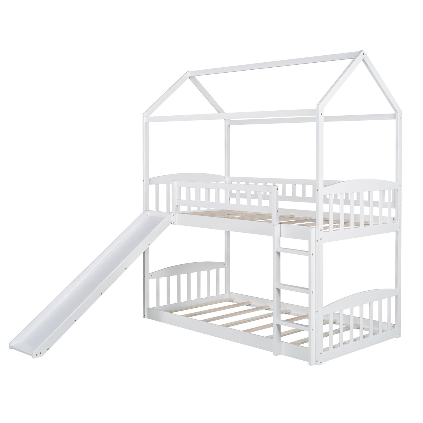 White Playhouse Frame Full Over Full Bunk Bed with Slide