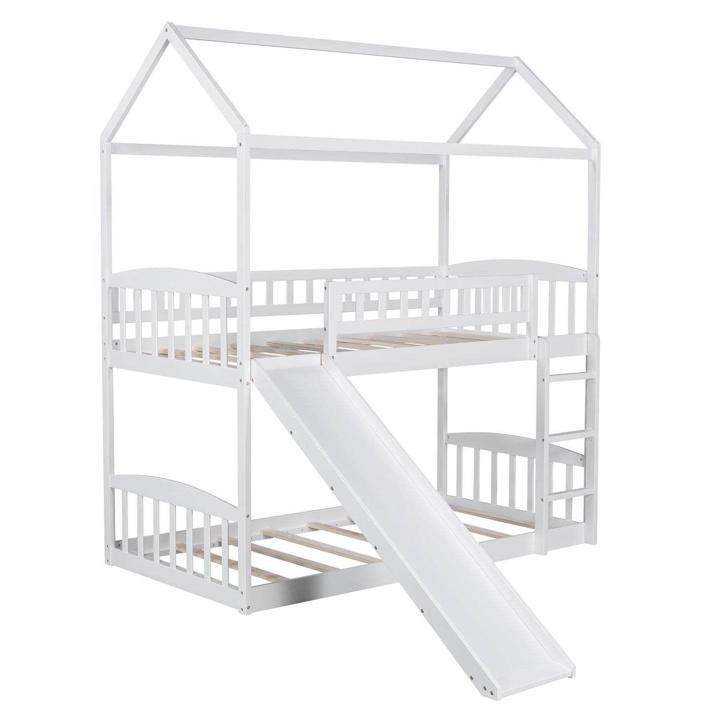 White Playhouse Frame Full Over Full Bunk Bed with Slide