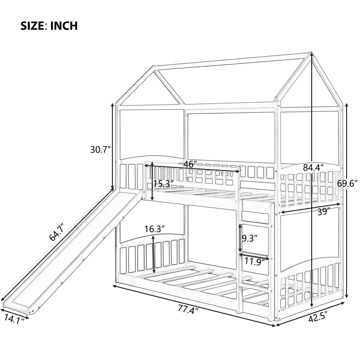 White Playhouse Frame Full Over Full Bunk Bed with Slide