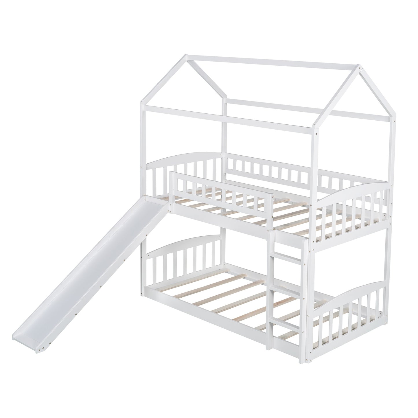 White Playhouse Frame Full Over Full Bunk Bed with Slide