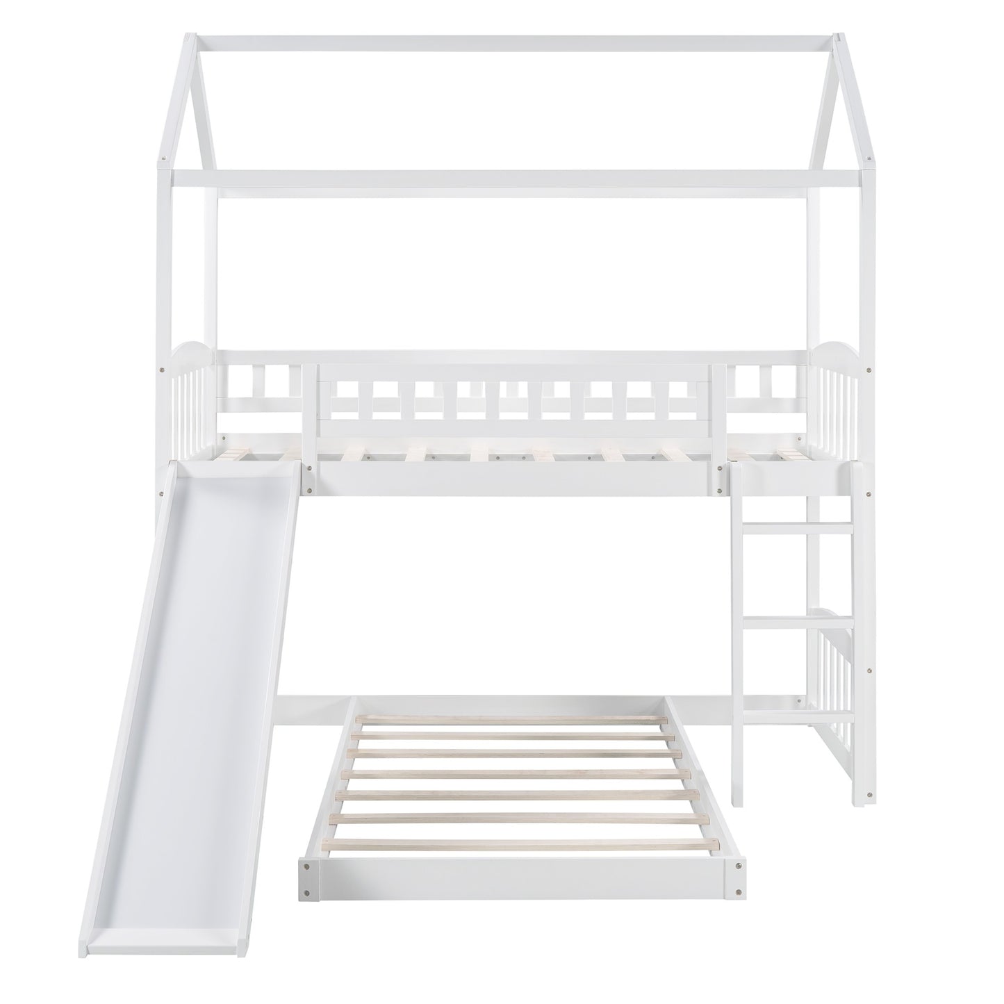 White Playhouse Frame Full Over Full Perpendicular Bunk Bed with Slide