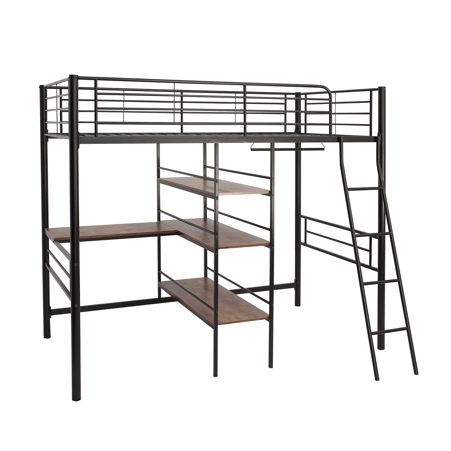 Black Twin Size Metal Loft Bed with Built in Wooden Shelves and Desk