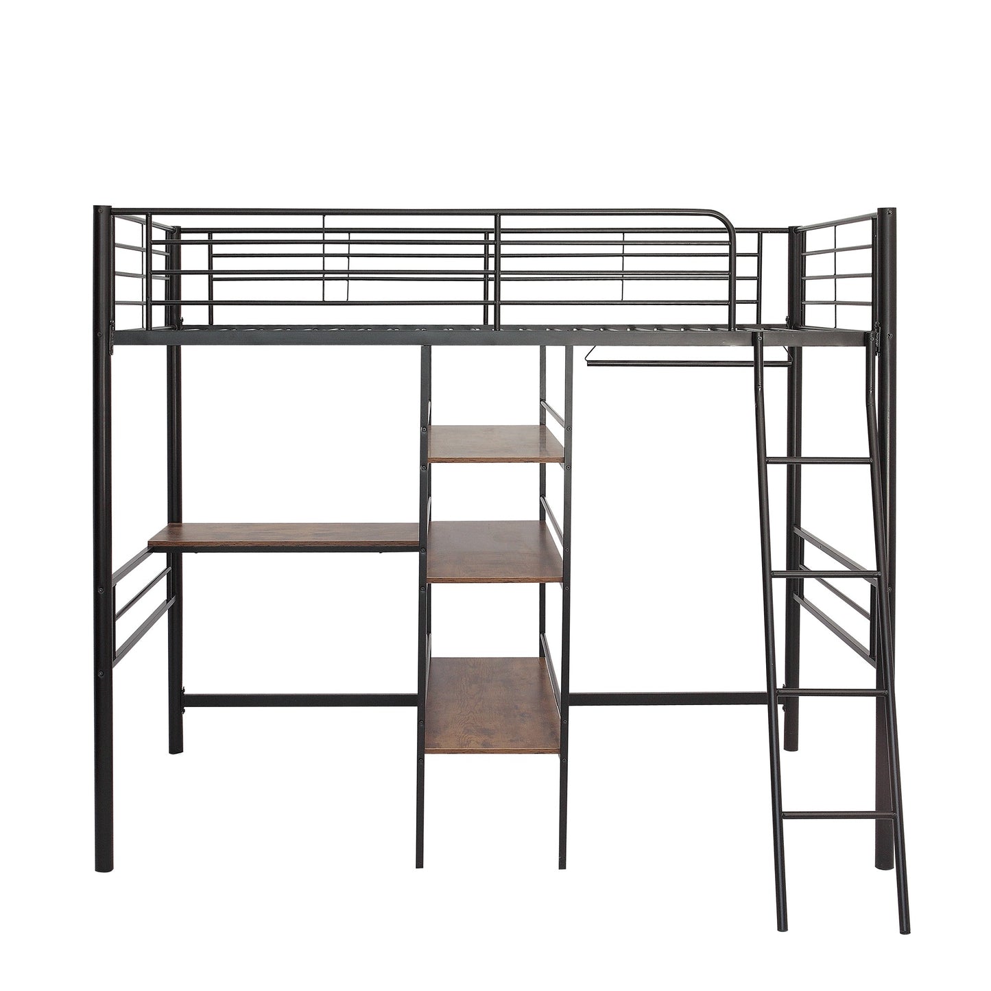 Black Twin Size Metal Loft Bed with Built in Wooden Shelves and Desk