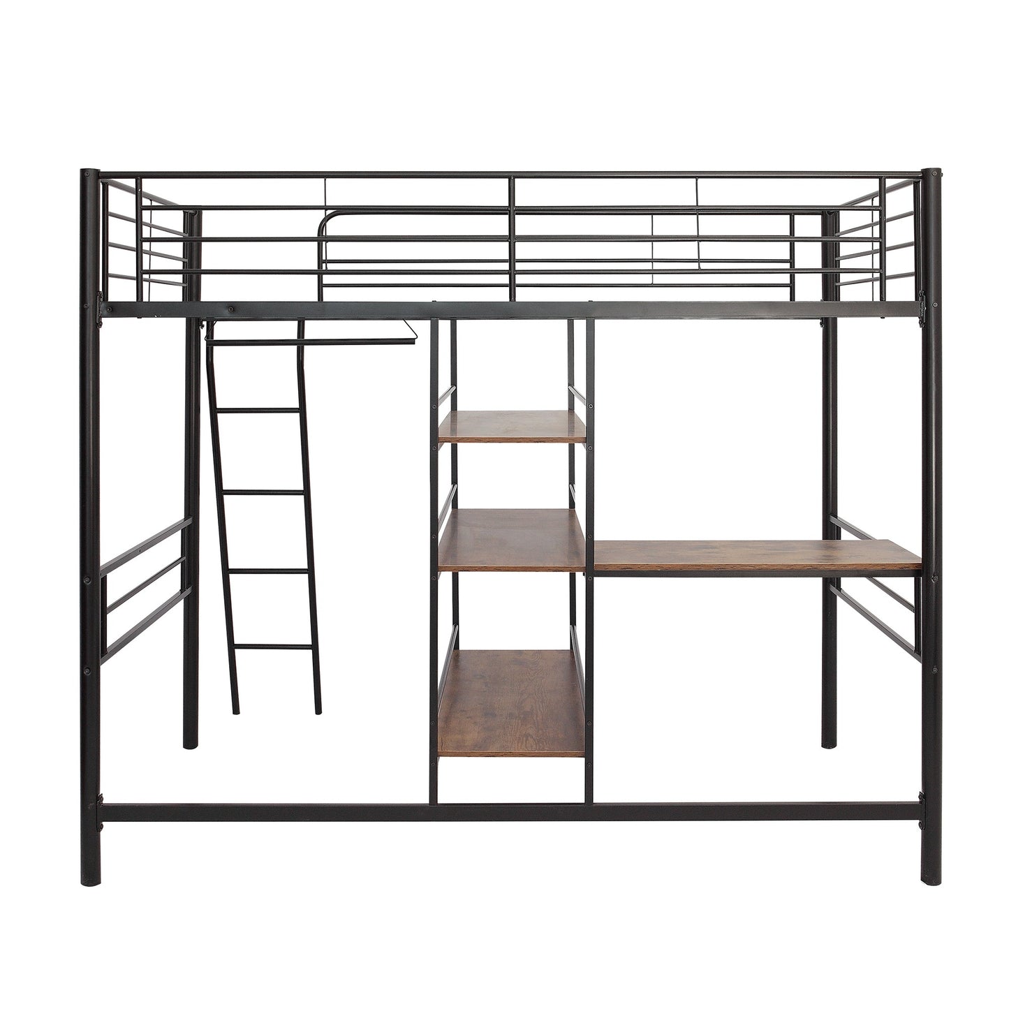 Black Twin Size Metal Loft Bed with Built in Wooden Shelves and Desk