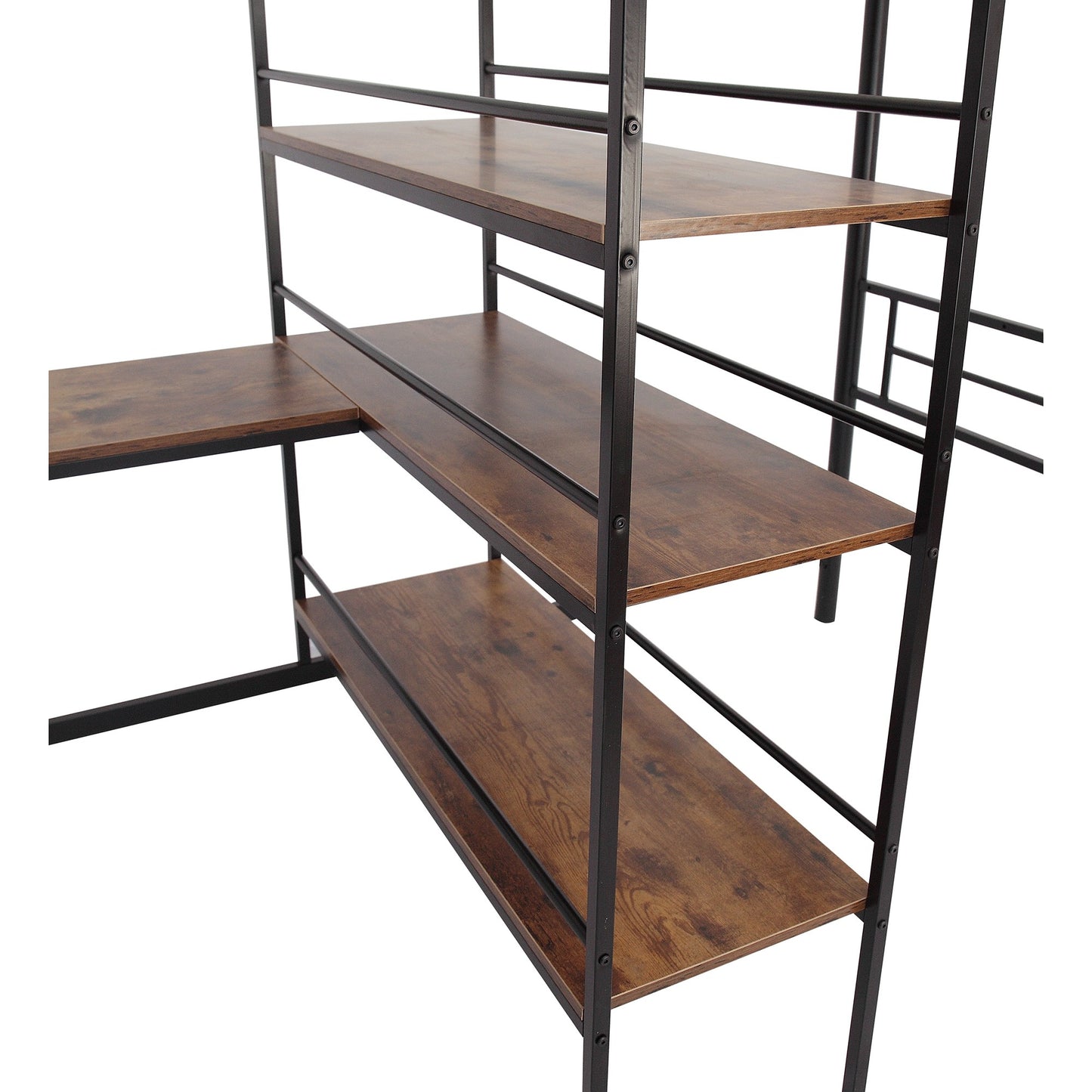 Black Twin Size Metal Loft Bed with Built in Wooden Shelves and Desk