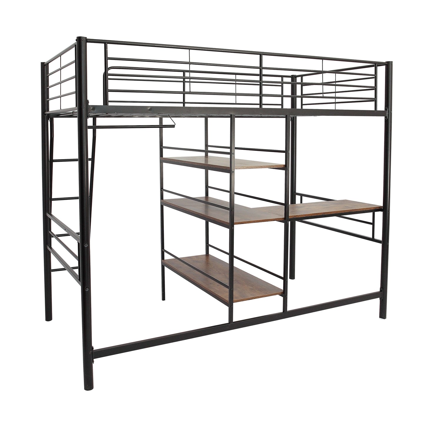 Black Twin Size Metal Loft Bed with Built in Wooden Shelves and Desk