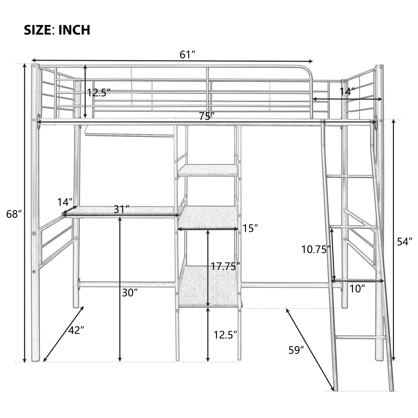 Black Twin Size Metal Loft Bed with Built in Wooden Shelves and Desk