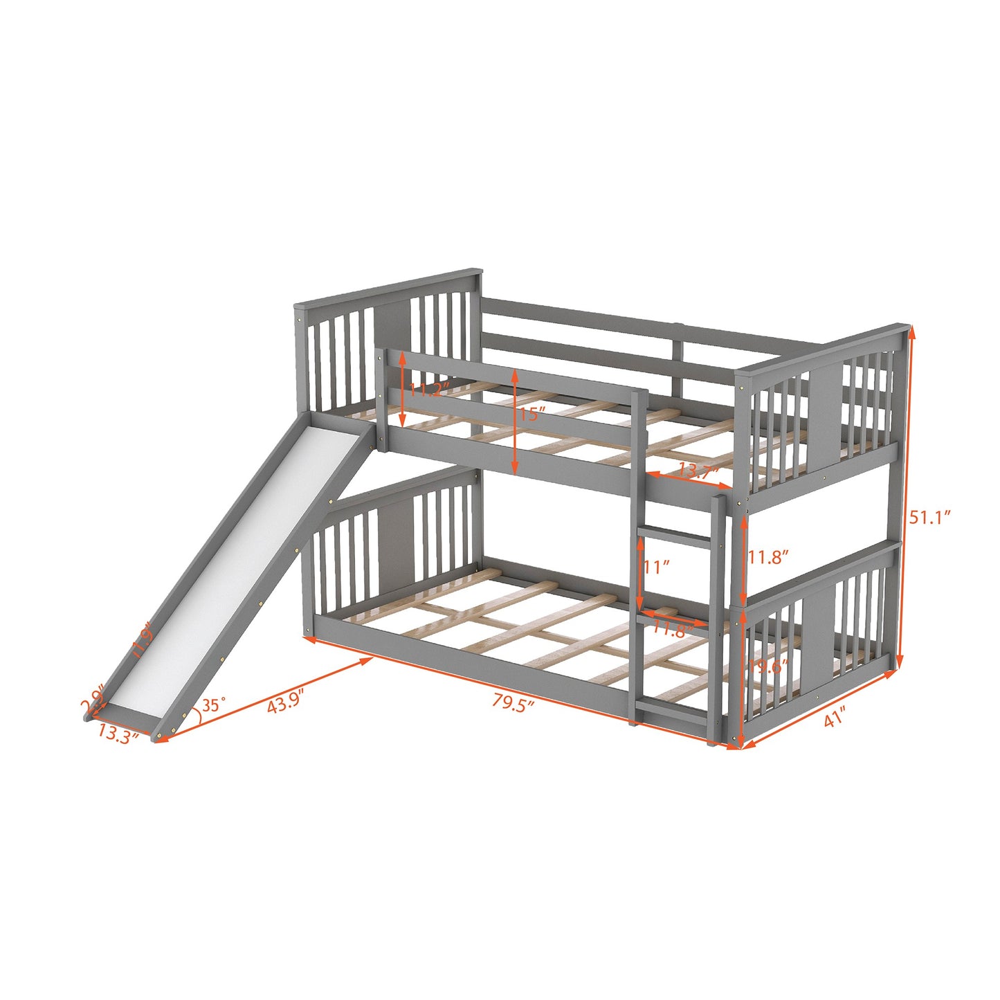 Gray Classic Twin Over Twin Bunk Bed with Ladder and Slide