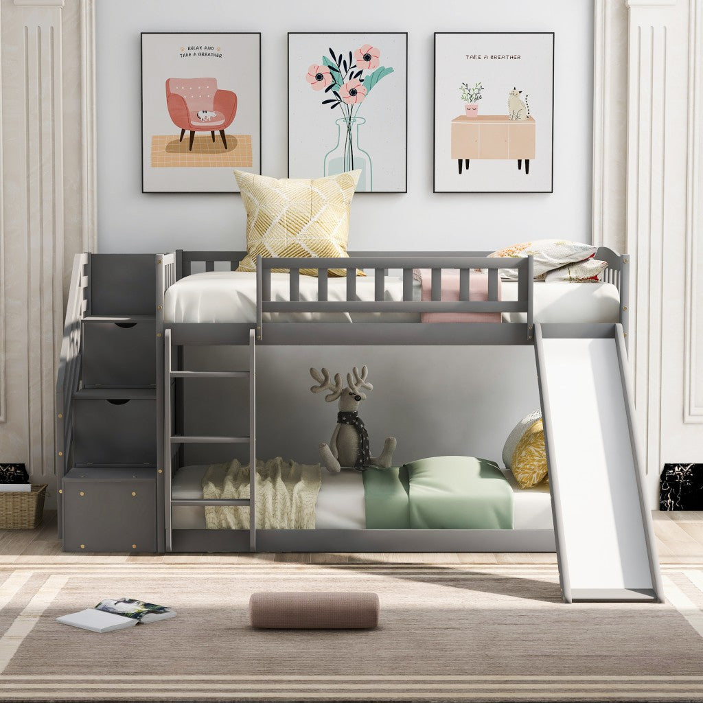 Gray Twin Over Twin Bunk Bed with Storage Stairs and Slide