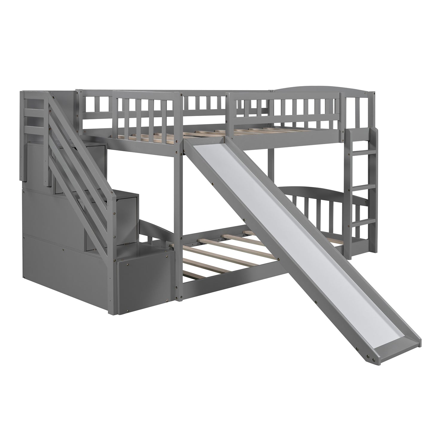 Gray Twin Over Twin Bunk Bed with Storage Stairs and Slide