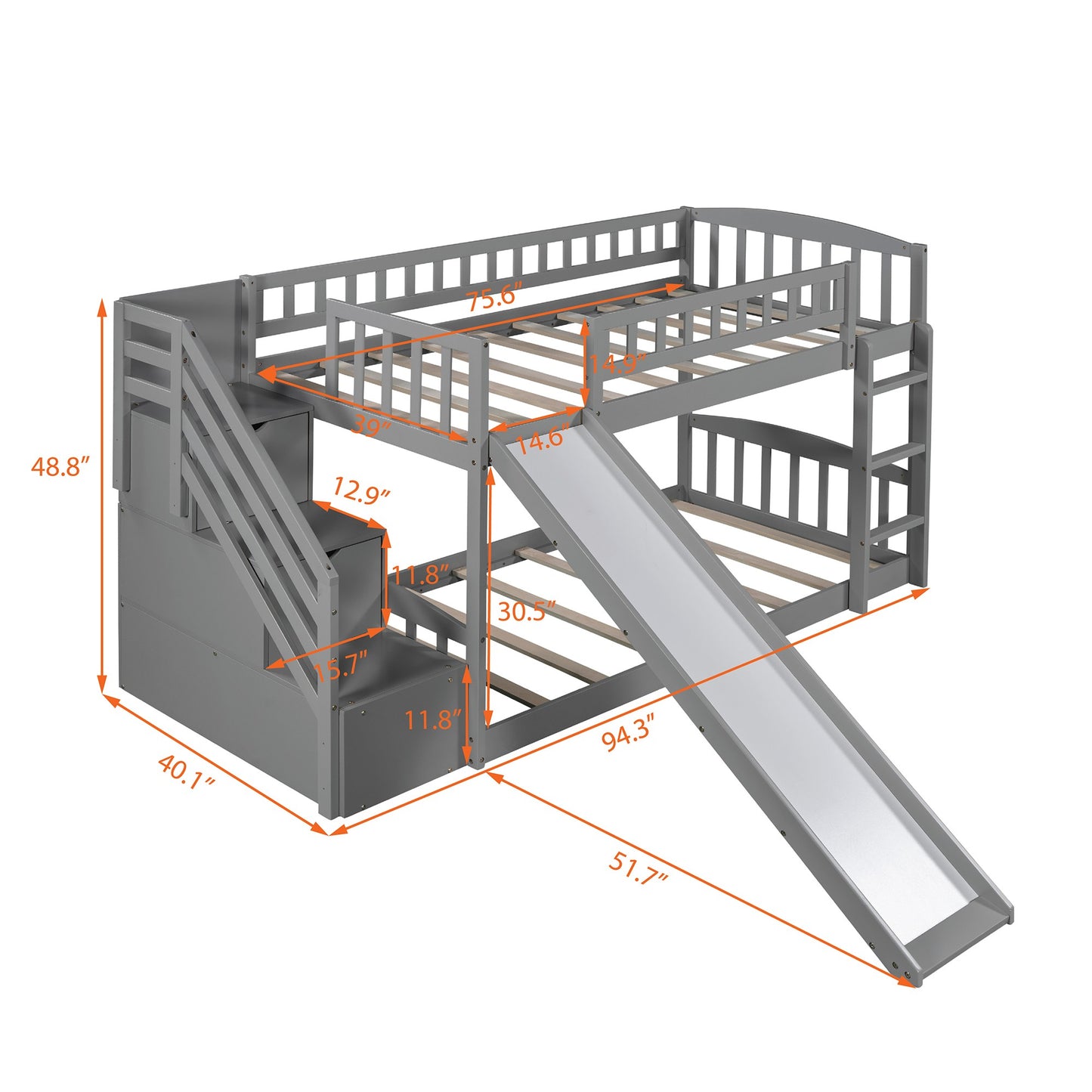 Gray Twin Over Twin Bunk Bed with Storage Stairs and Slide