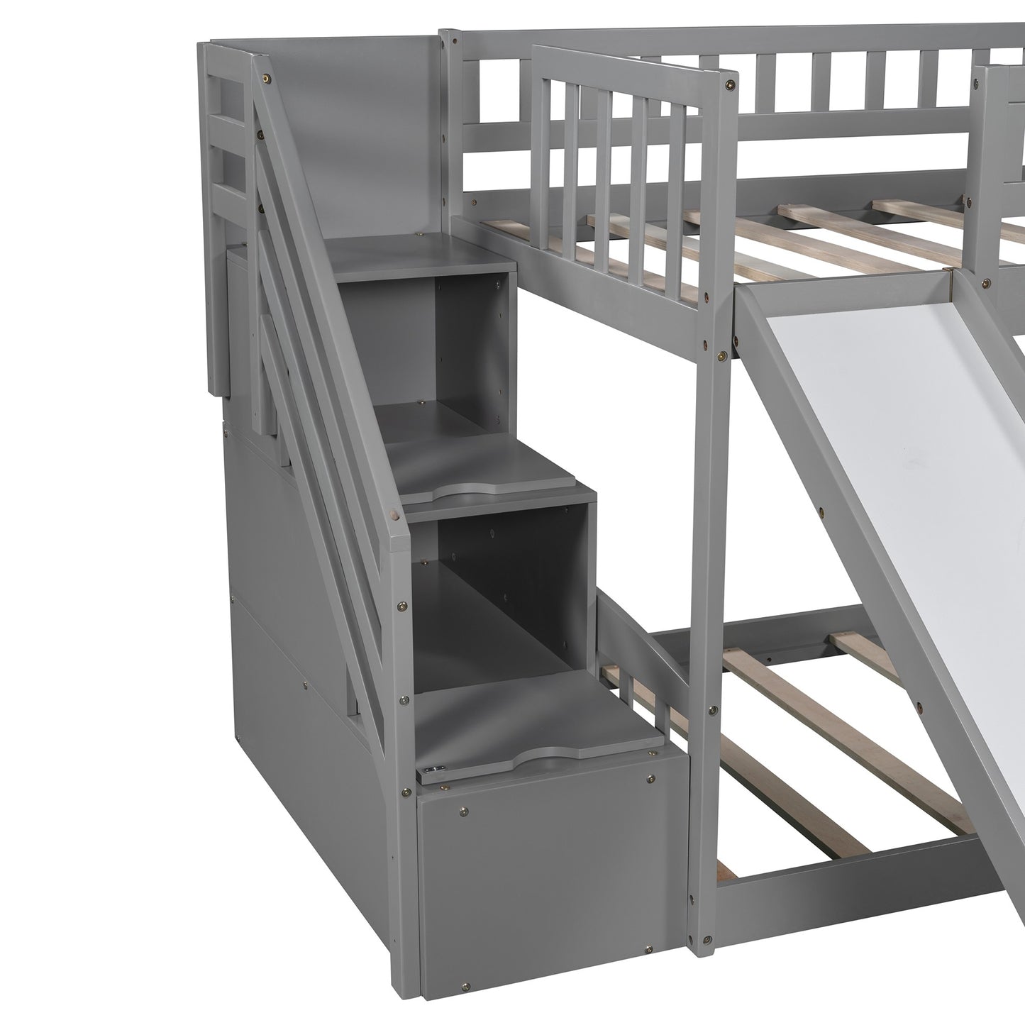 Gray Twin Over Twin Bunk Bed with Storage Stairs and Slide