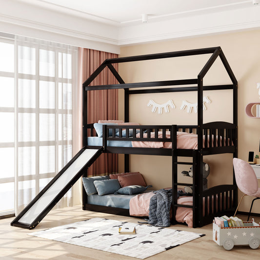 Espresso Playhouse Frame Full Over Full Bunk Bed with Slide