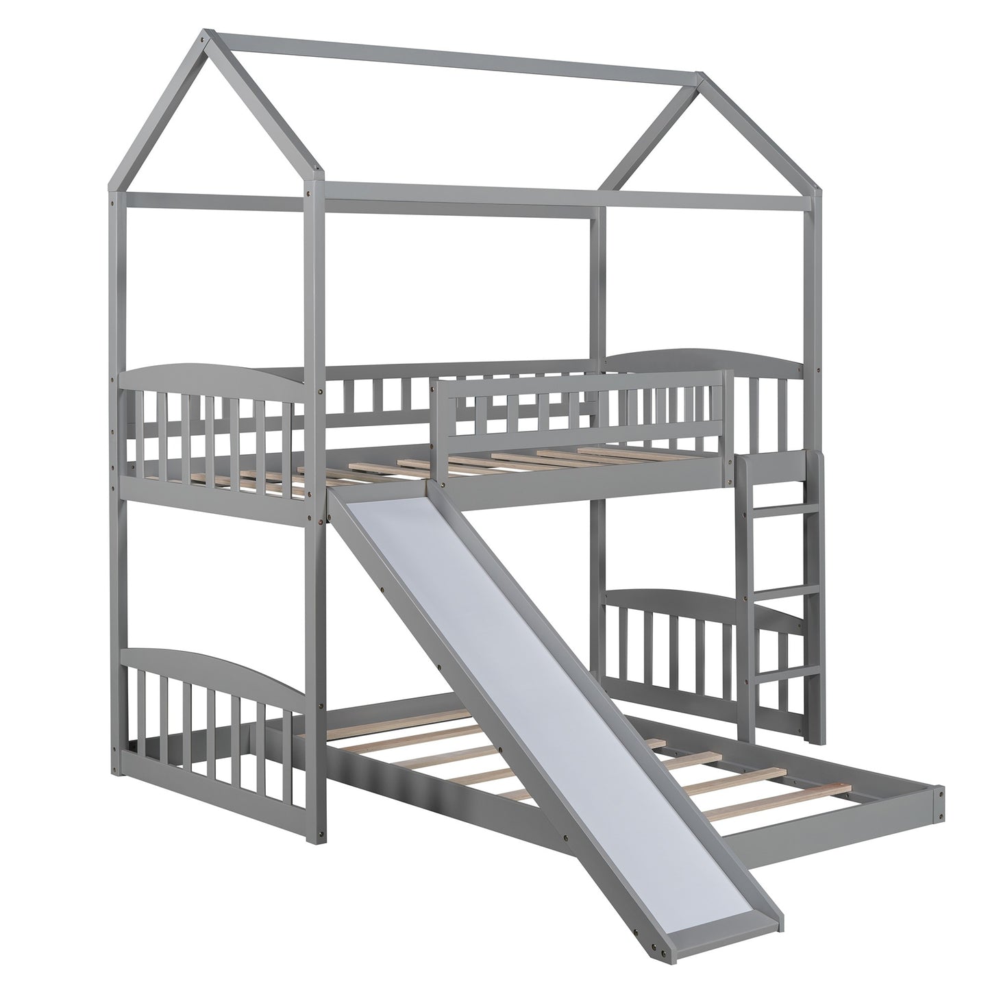 Gray Playhouse Frame Full Over Full Perpendicular Bunk Bed with Slide