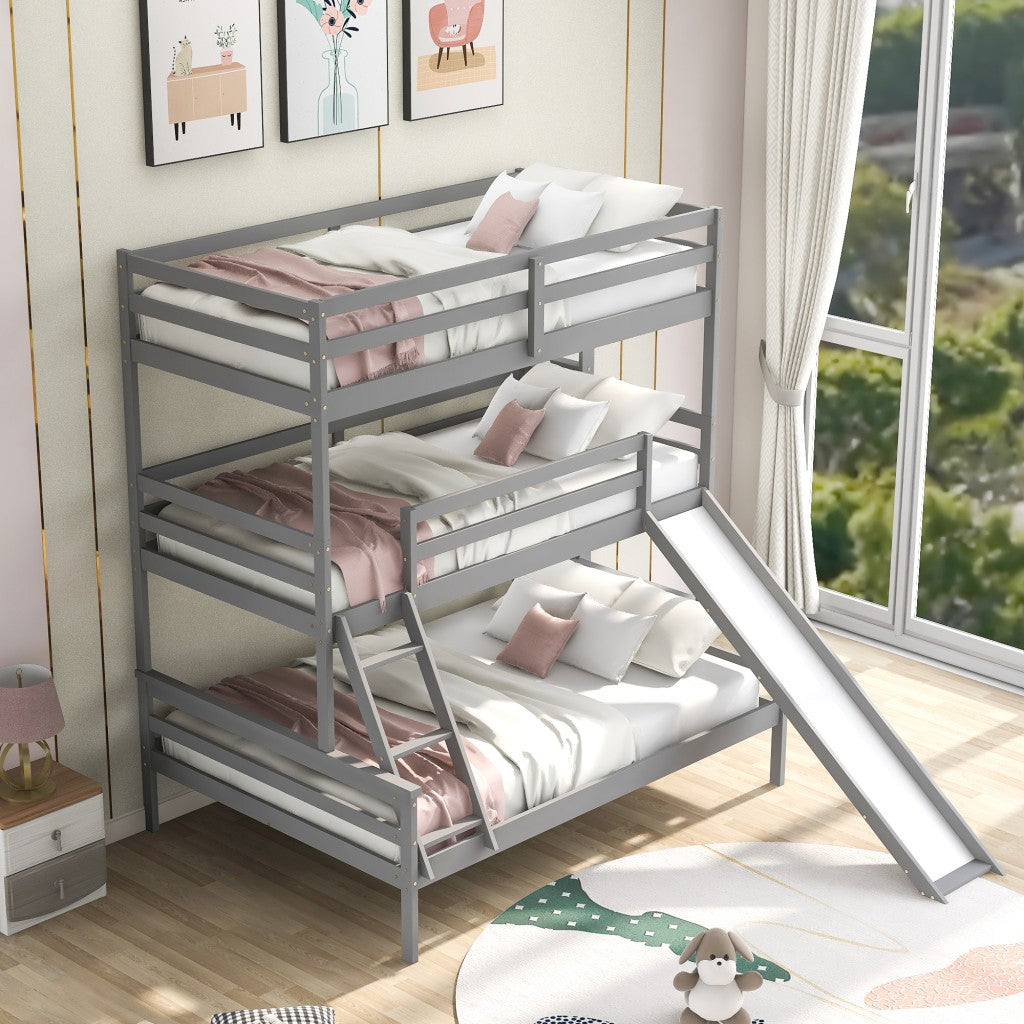 Gray Twin Over Twin Over Full Triple Bunk Bed with Slide