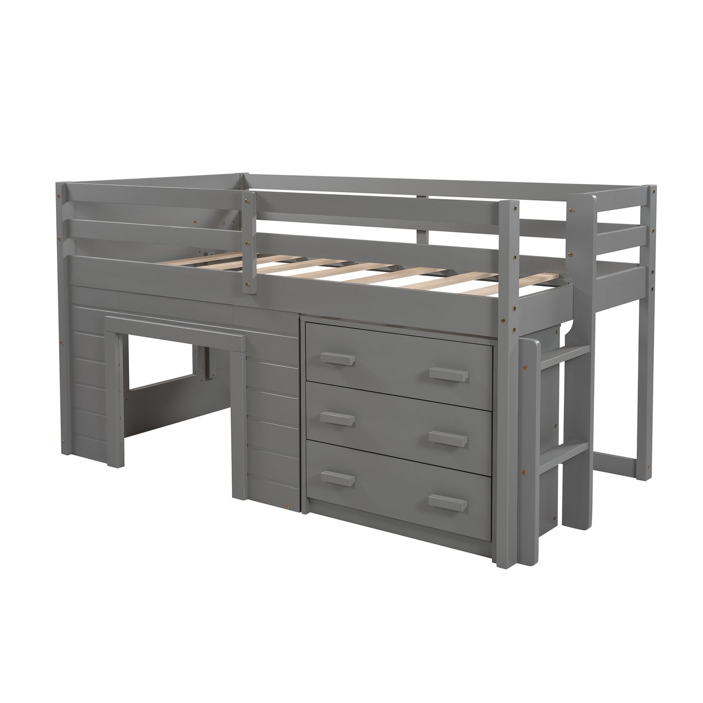 Gray Twin Size Loft Bed with Playhouse and Drawers