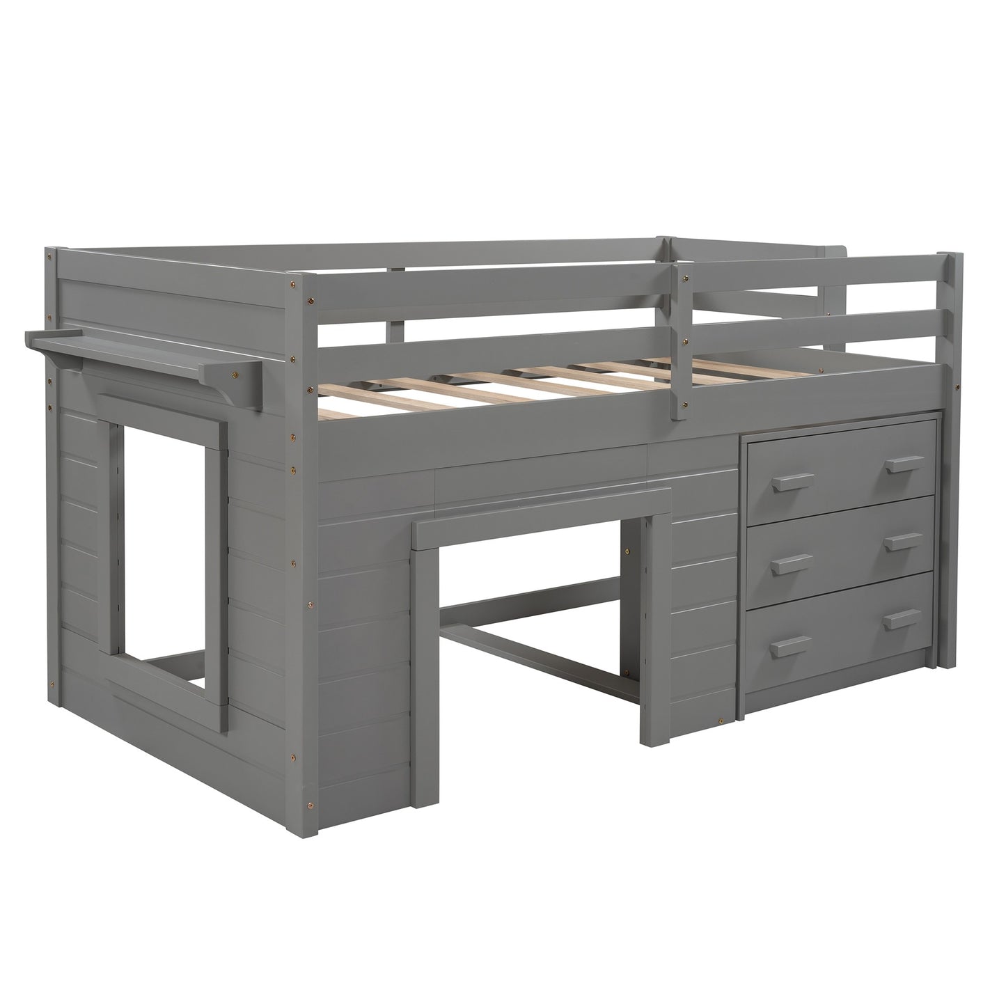 Gray Twin Size Loft Bed with Playhouse and Drawers