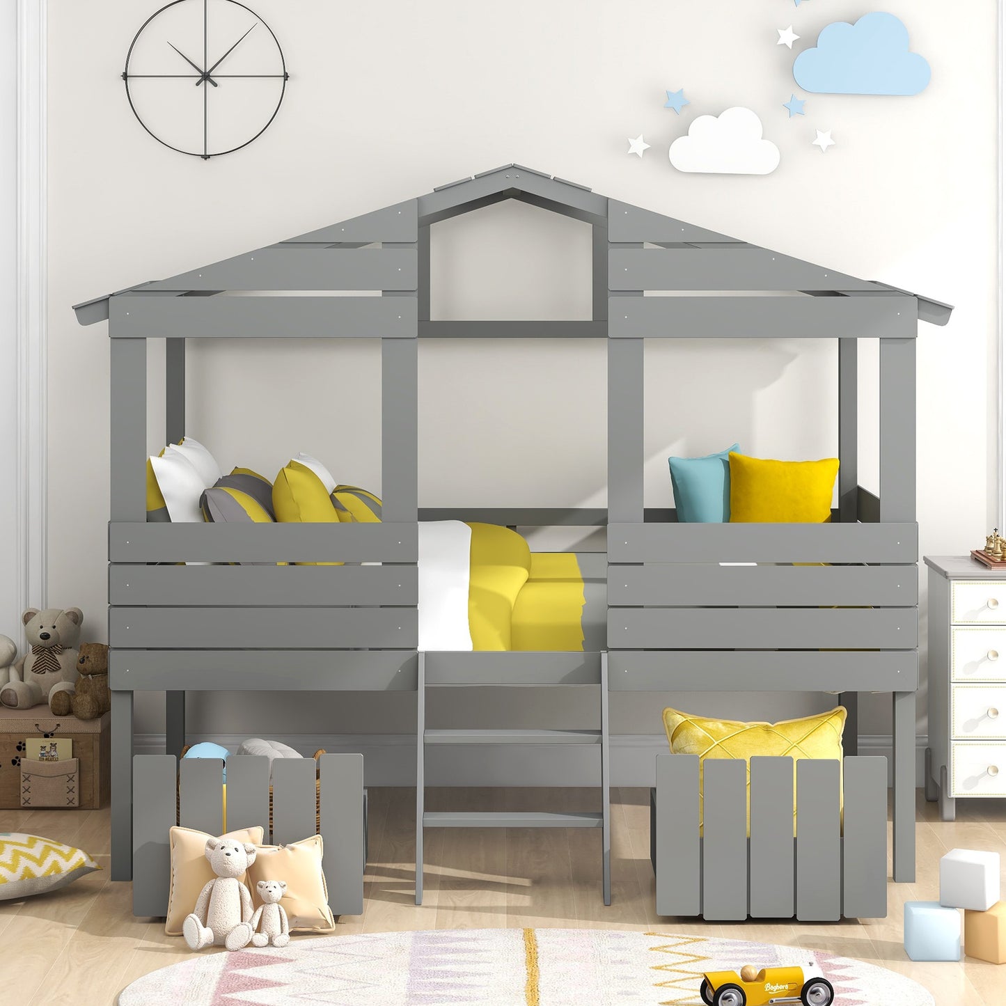 Gray Twin Size Loft Bed with Play House Roof and Two Drawers