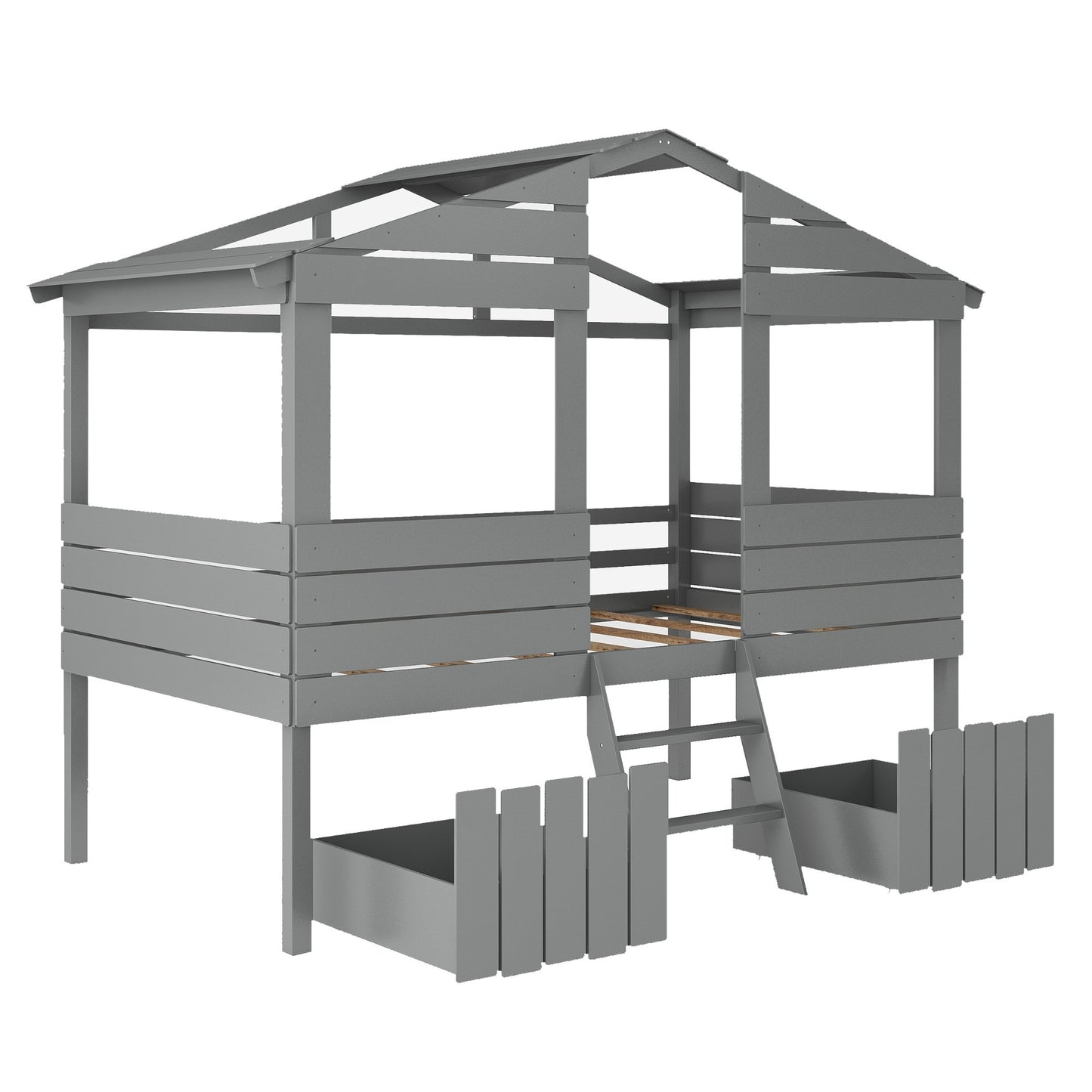 Gray Twin Size Loft Bed with Play House Roof and Two Drawers