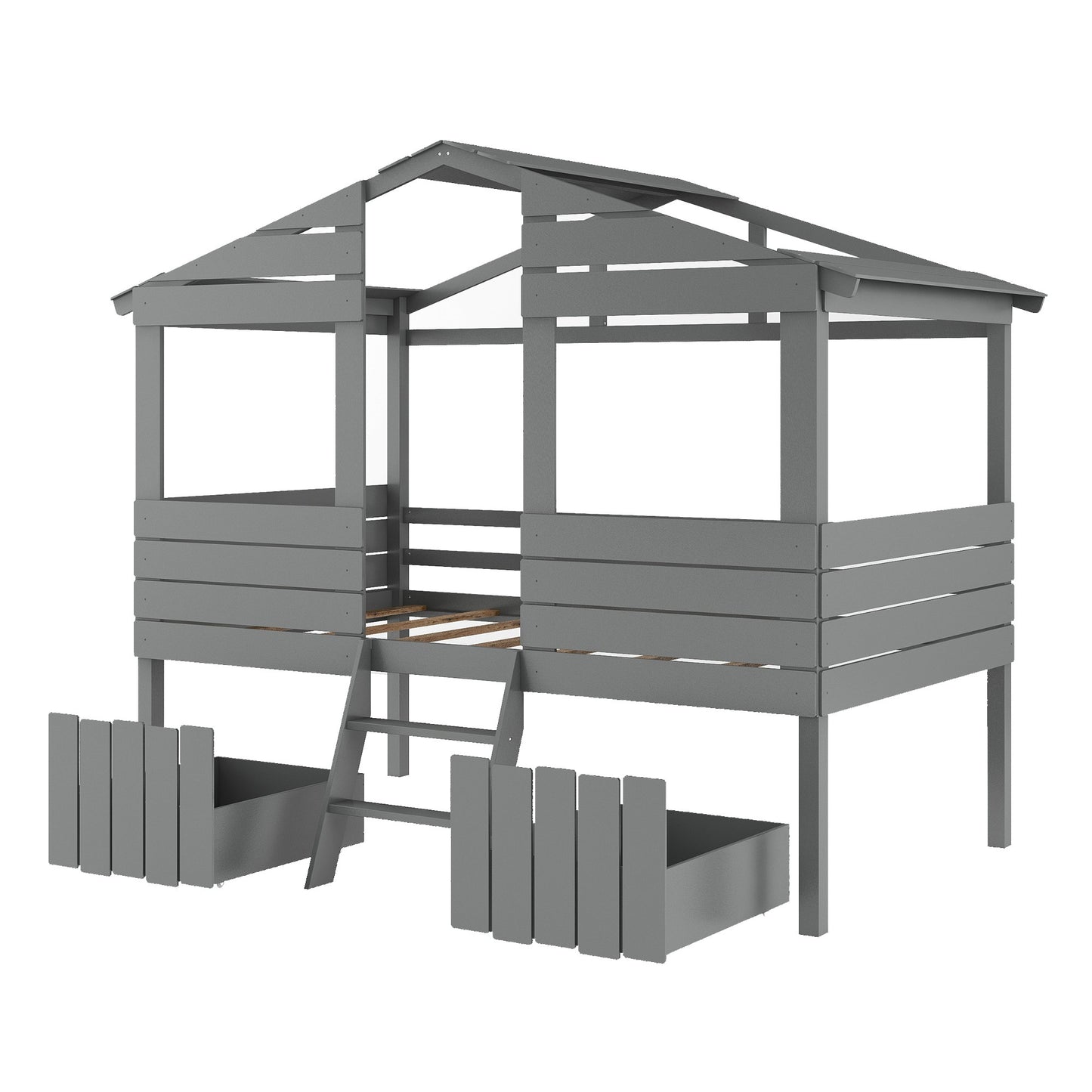 Gray Twin Size Loft Bed with Play House Roof and Two Drawers