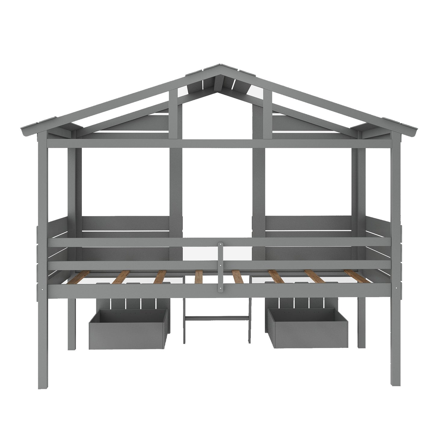 Gray Twin Size Loft Bed with Play House Roof and Two Drawers