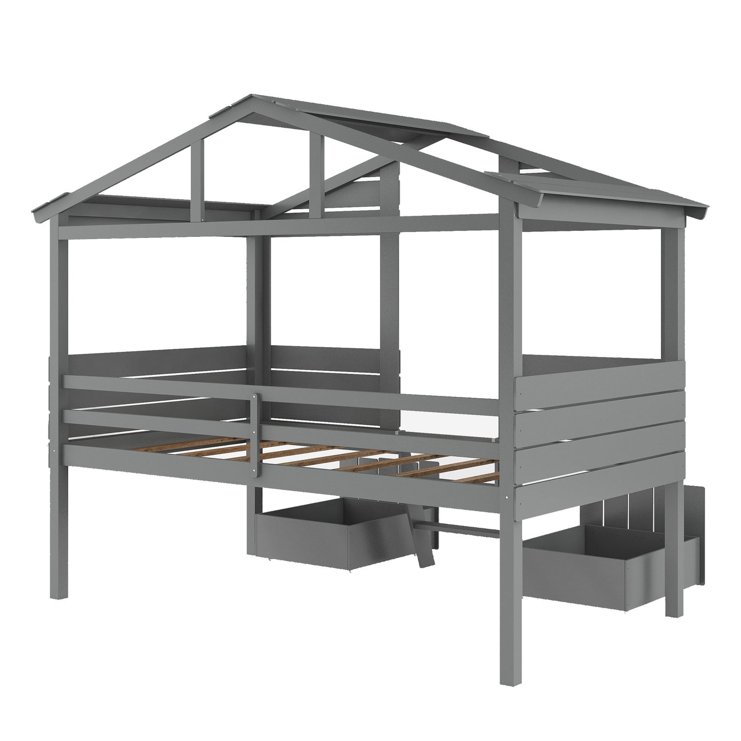 Gray Twin Size Loft Bed with Play House Roof and Two Drawers