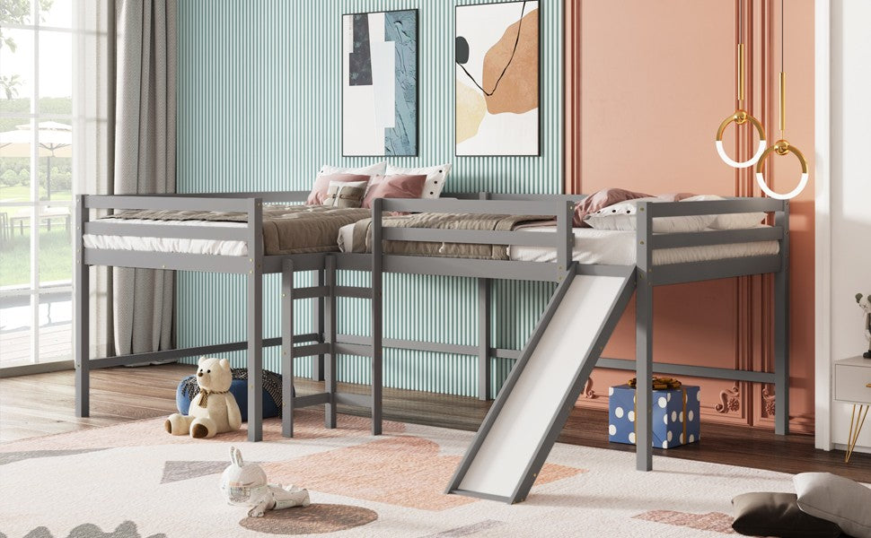 Gray L Shaped Full Size Wooden Double Loft Bed with Slide and Ladders