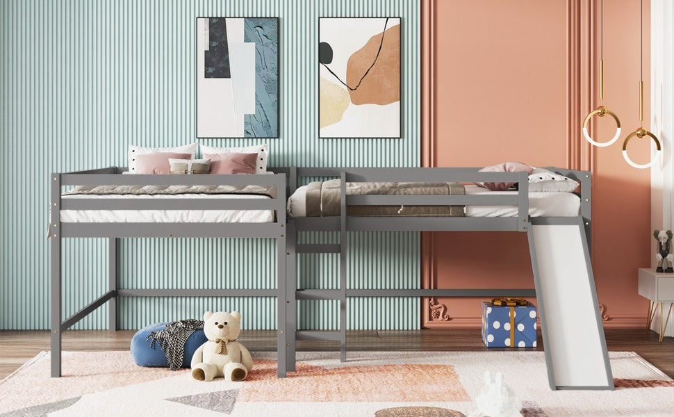 Gray L Shaped Full Size Wooden Double Loft Bed with Slide and Ladders