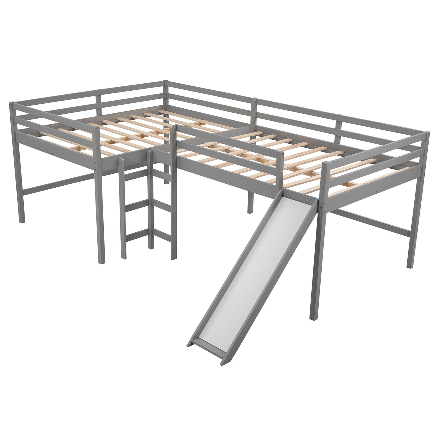 Gray L Shaped Full Size Wooden Double Loft Bed with Slide and Ladders