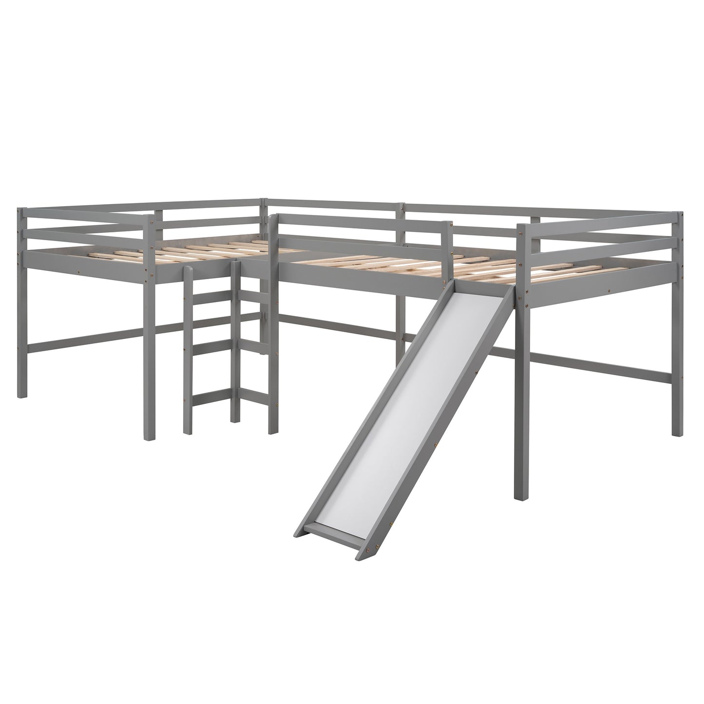 Gray L Shaped Full Size Wooden Double Loft Bed with Slide and Ladders