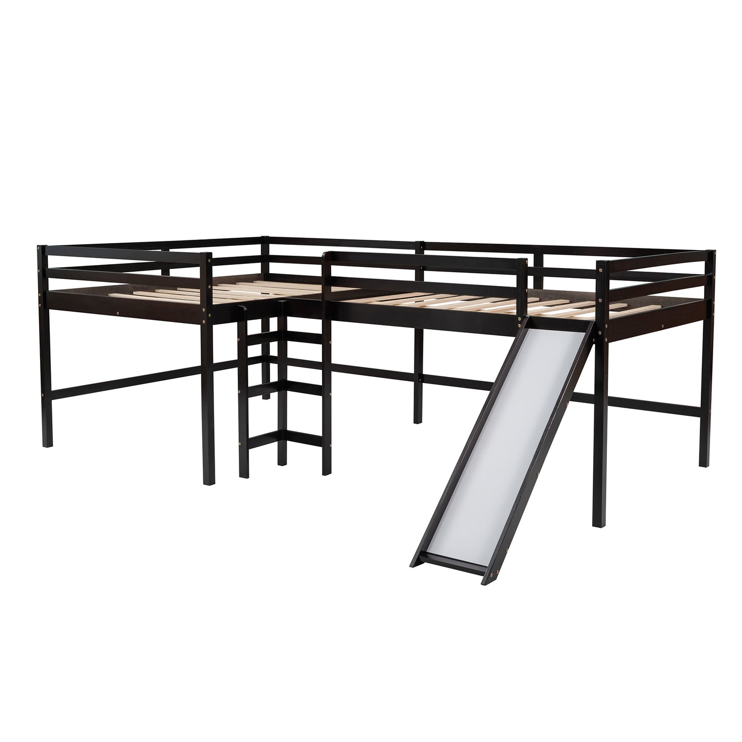 Espresso L Shaped Full Size Wooden Double Loft Bed with Slide and Ladders