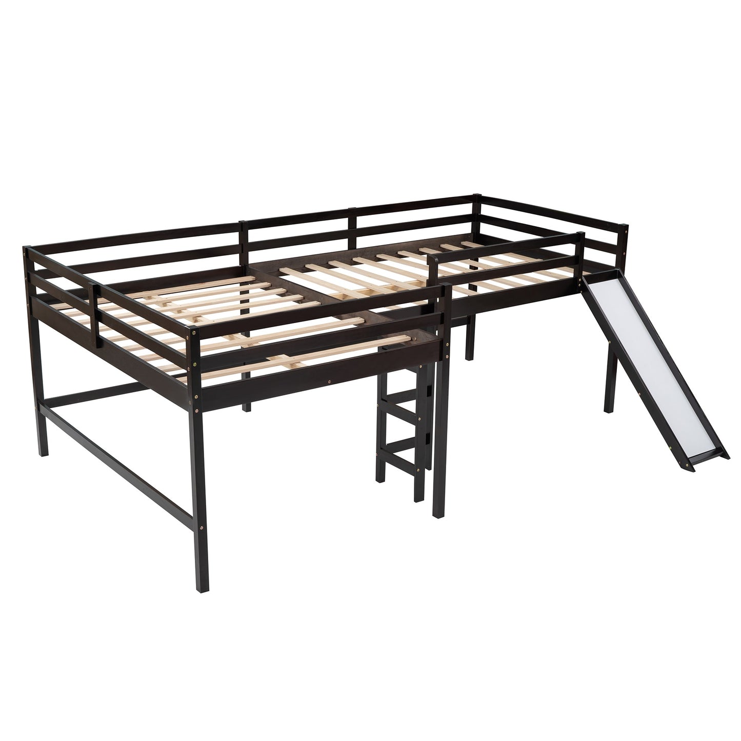 Espresso L Shaped Full Size Wooden Double Loft Bed with Slide and Ladders