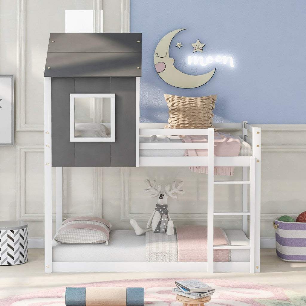 Gray and White Twin Over Twin Low Bunk Bed with House Roof and Window