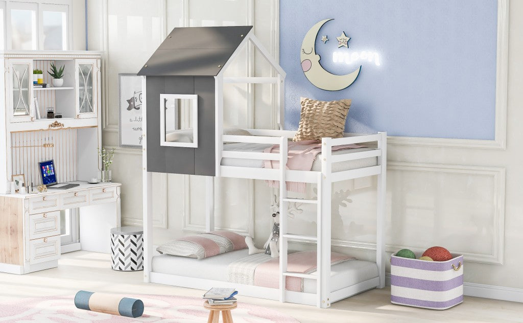 Gray and White Twin Over Twin Low Bunk Bed with House Roof and Window