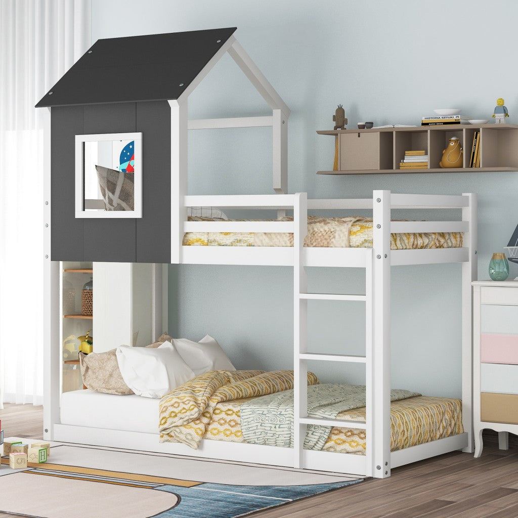 Gray and White Twin Over Twin Low Bunk Bed with House Roof and Window