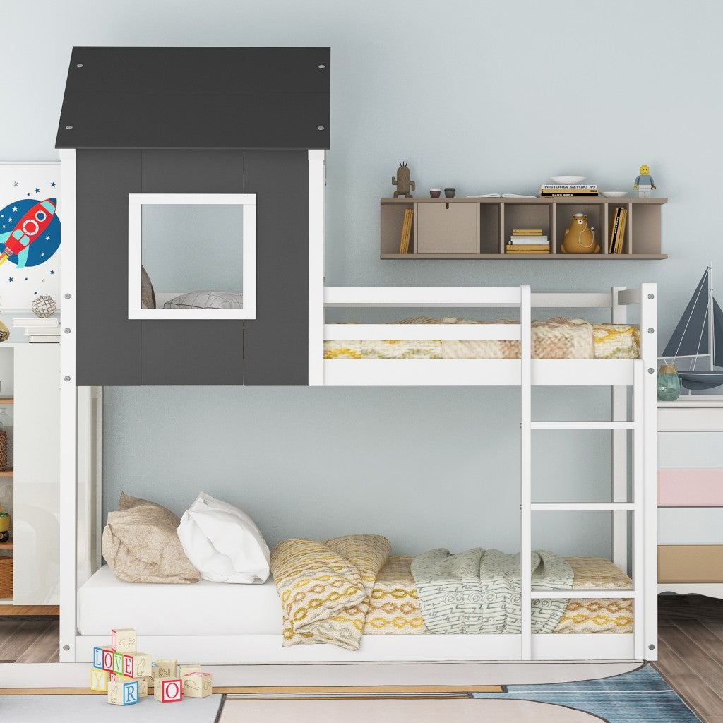 Gray and White Twin Over Twin Low Bunk Bed with House Roof and Window