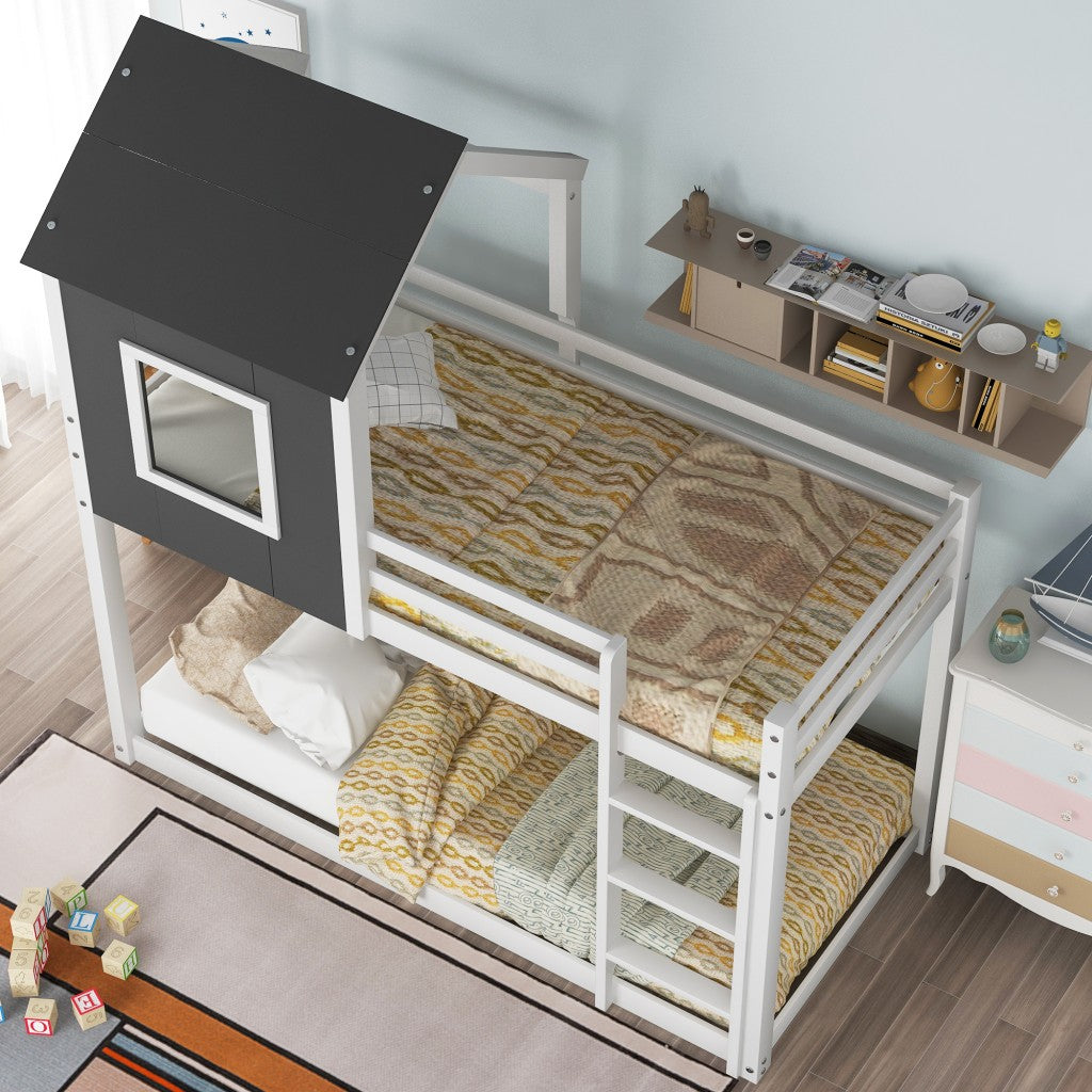 Gray and White Twin Over Twin Low Bunk Bed with House Roof and Window