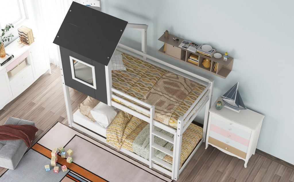 Gray and White Twin Over Twin Low Bunk Bed with House Roof and Window