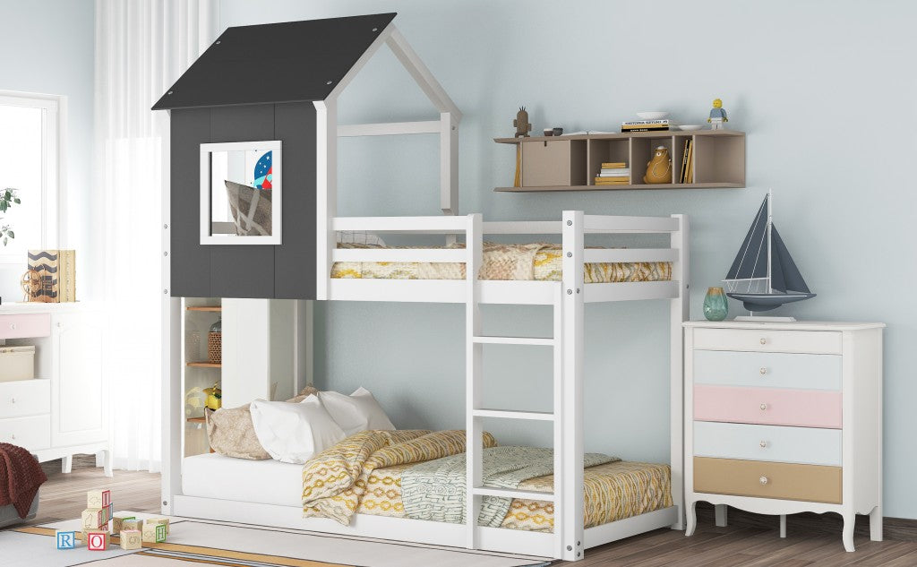 Gray and White Twin Over Twin Low Bunk Bed with House Roof and Window