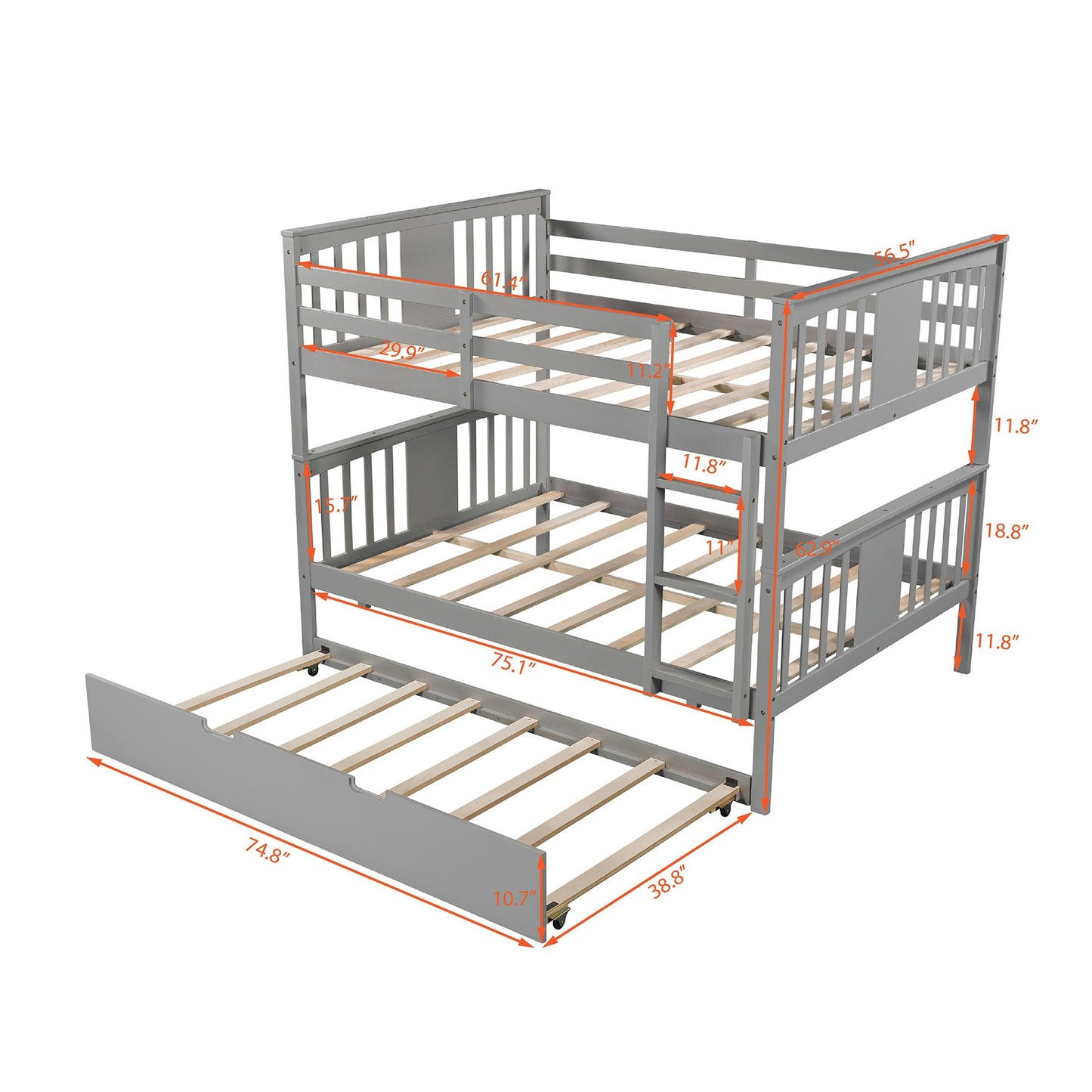 Gray Double Full Size Over Twin Trundle Bunk Bed