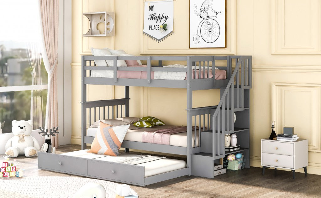 Gray Double Twin Size Stairway Bunk Bed